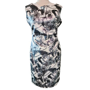 Glamour Metallic Gray White Floral Print Sheath Career Cocktail Dress Women's 8